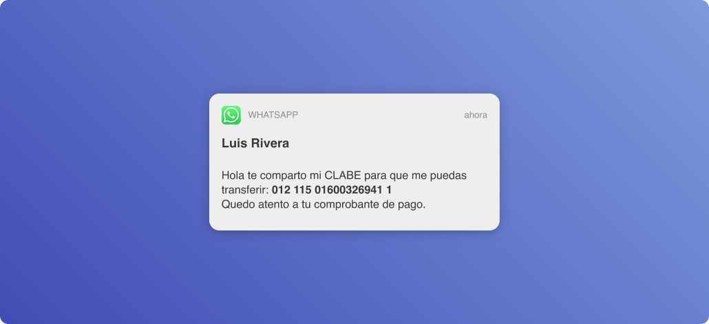 Ejemplo de mensaje para recibir transferencias